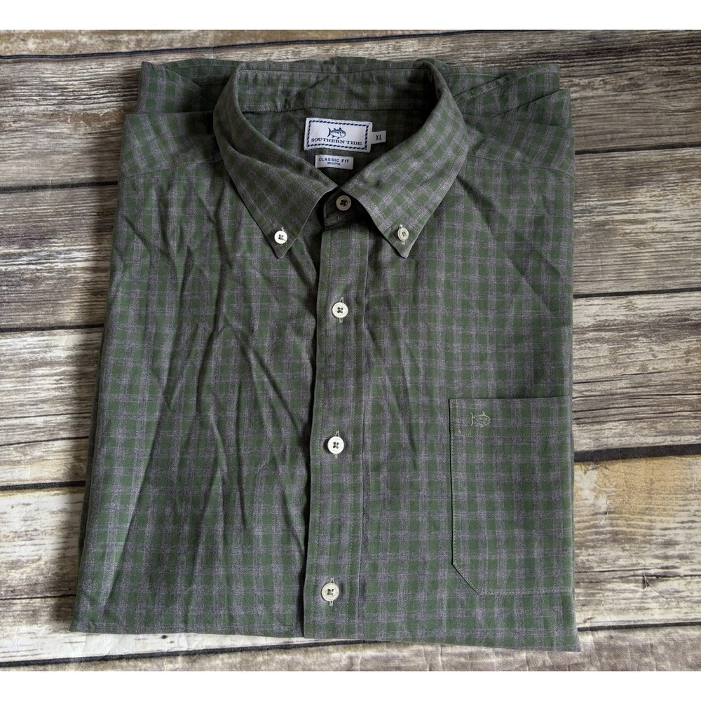 Southern Tide‎ Shirt Mens XL Green Gray Button Down Gingham Casual